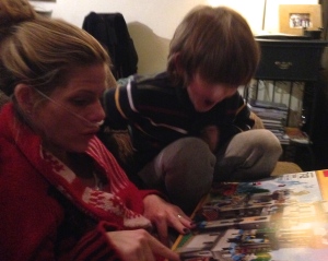 Cannula nosed Mommy looking at new lego castle with her very excited (and slightly nervous) little man.